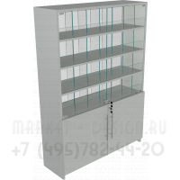 Задняя часть витрины с полками разделёнными на ячейки со стеклянными дверями